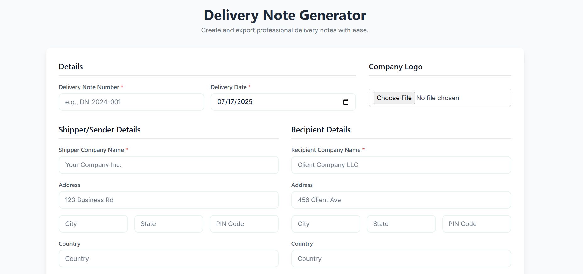 Delivery note generator tool screenshot
