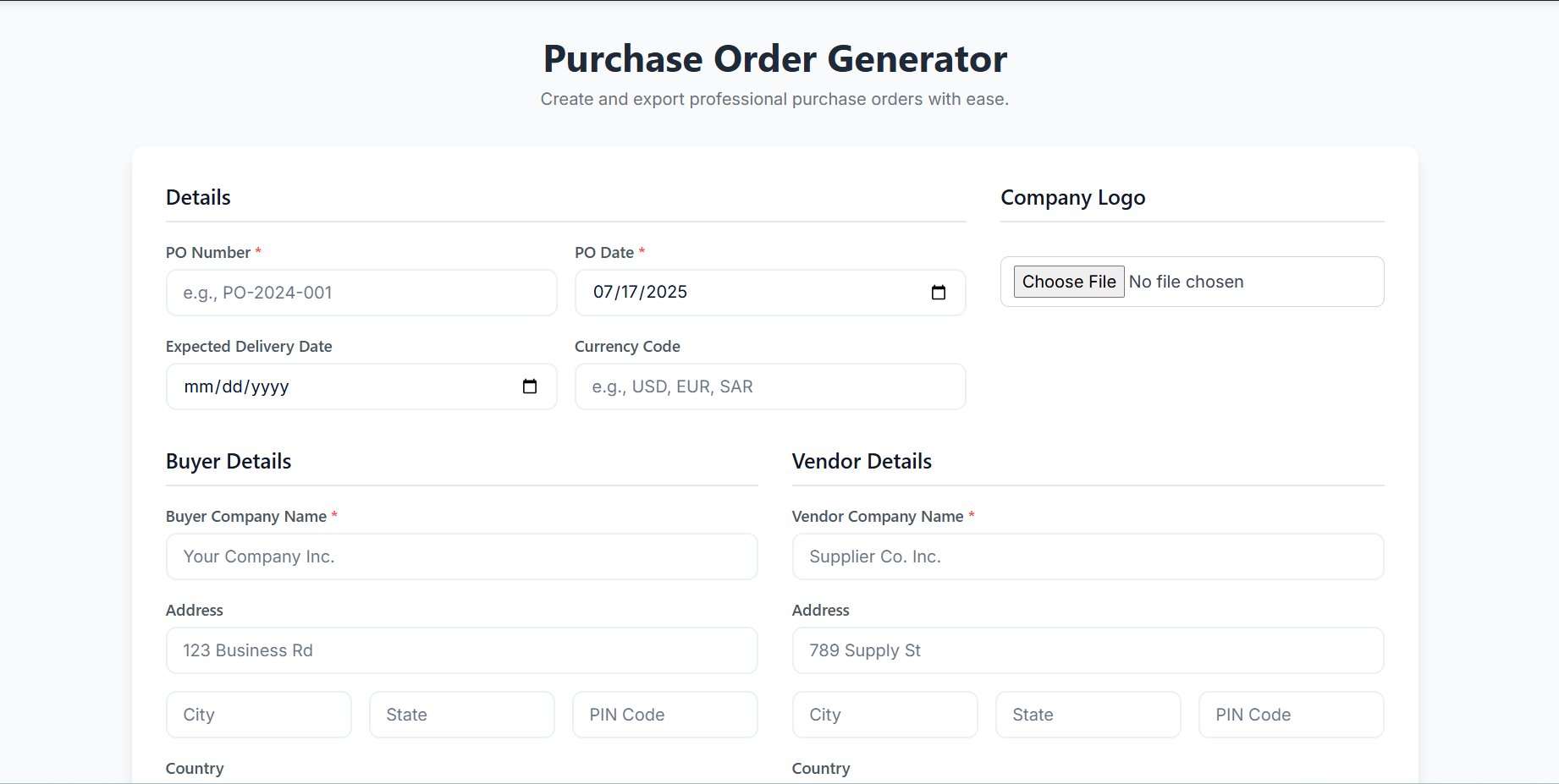 PO generator tool screenshot