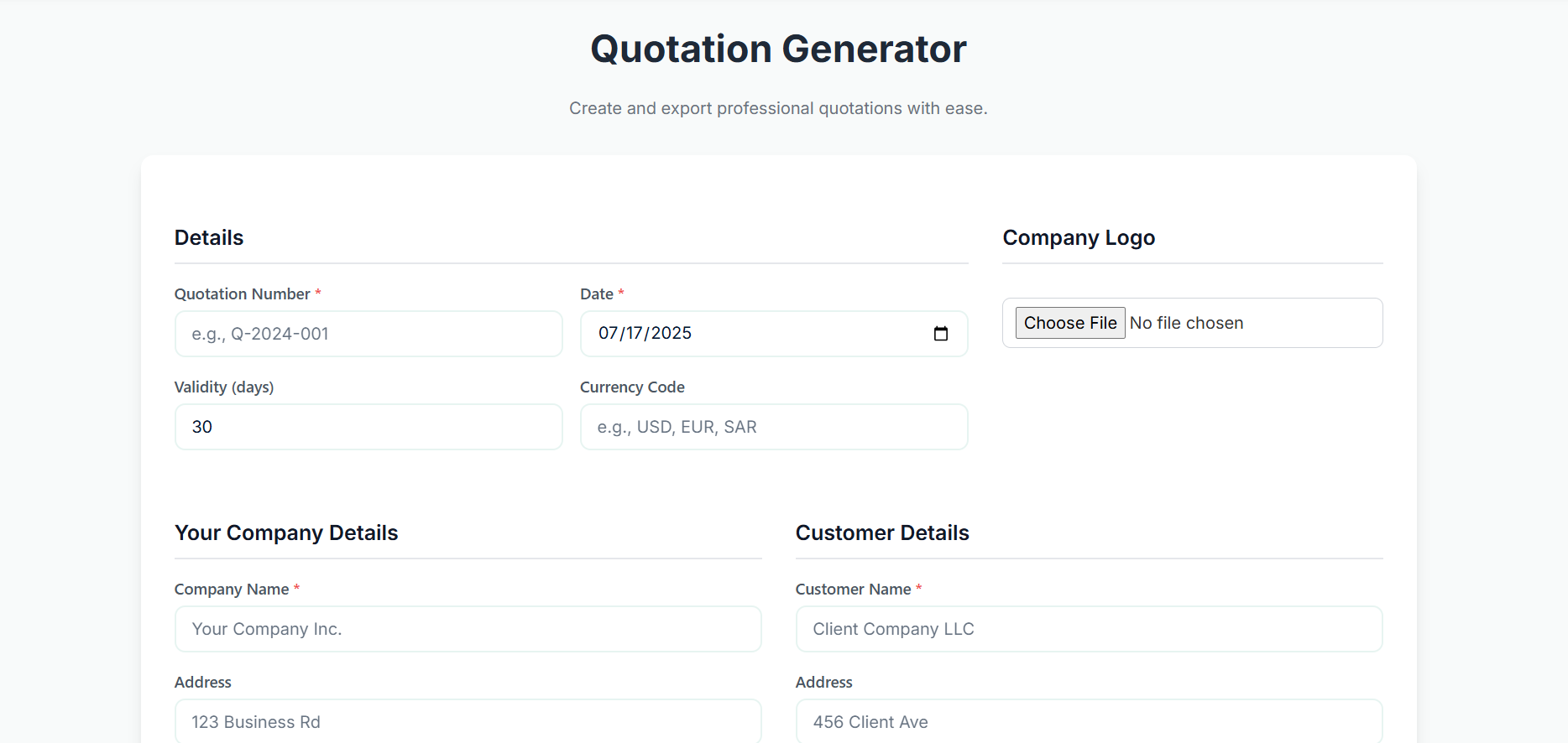 Quotation generator tool screenshot